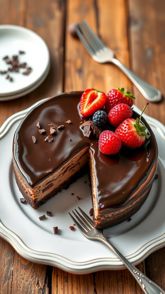 A 9-inch chocolate cheesecake with ganache, chocolate crust, garnished with shavings and berries, on a rustic table.